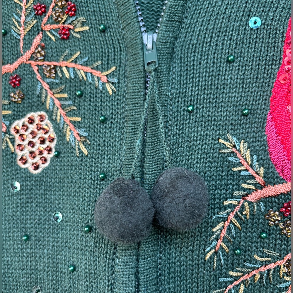 VTG Cardinal Winter Holiday Christmas Sweater Zip-up Cardigan Beaded Sequins Med - Picture 9 of 14